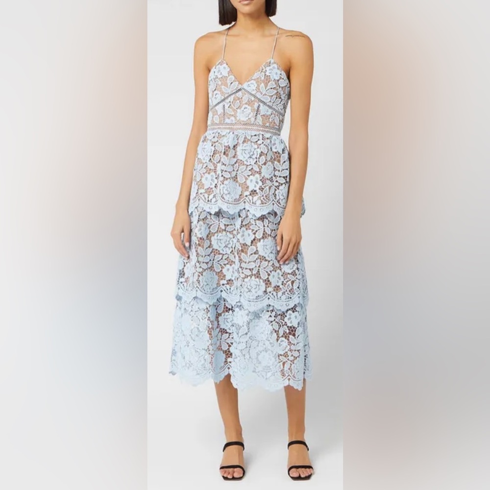 Self-Portrait Floral Lace Tiered A-line Midi Dress Baby Blue on Nude
